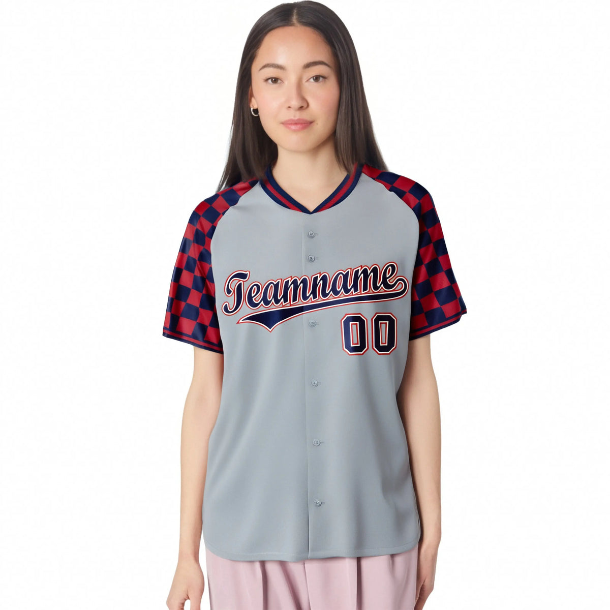 Custom Gray Navy-Red Authentic Plaid Sleeve Baseball Jersey
