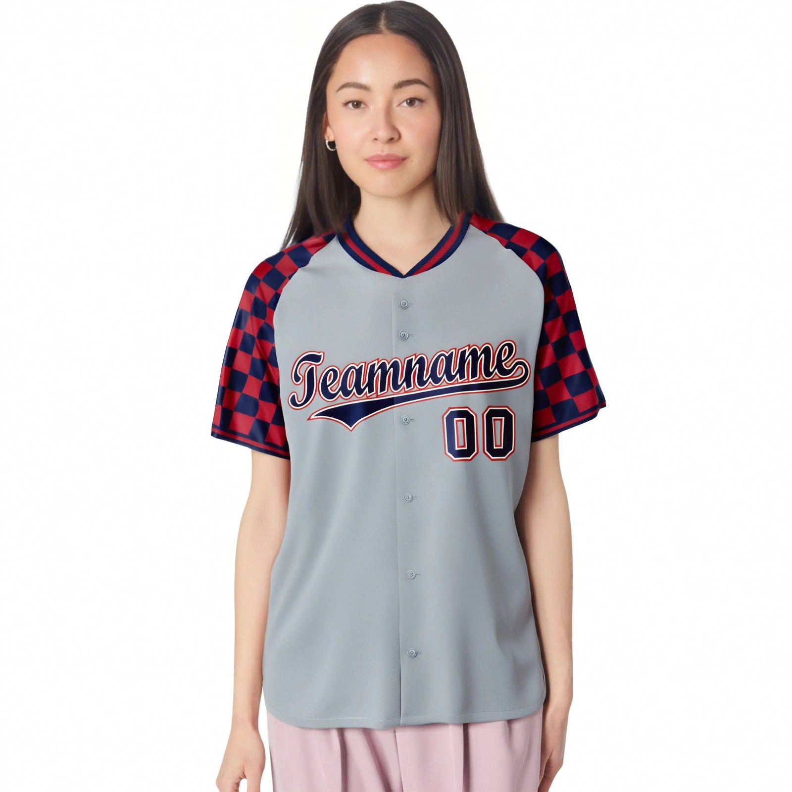 Custom Gray Navy-Red Authentic Plaid Sleeve Baseball Jersey