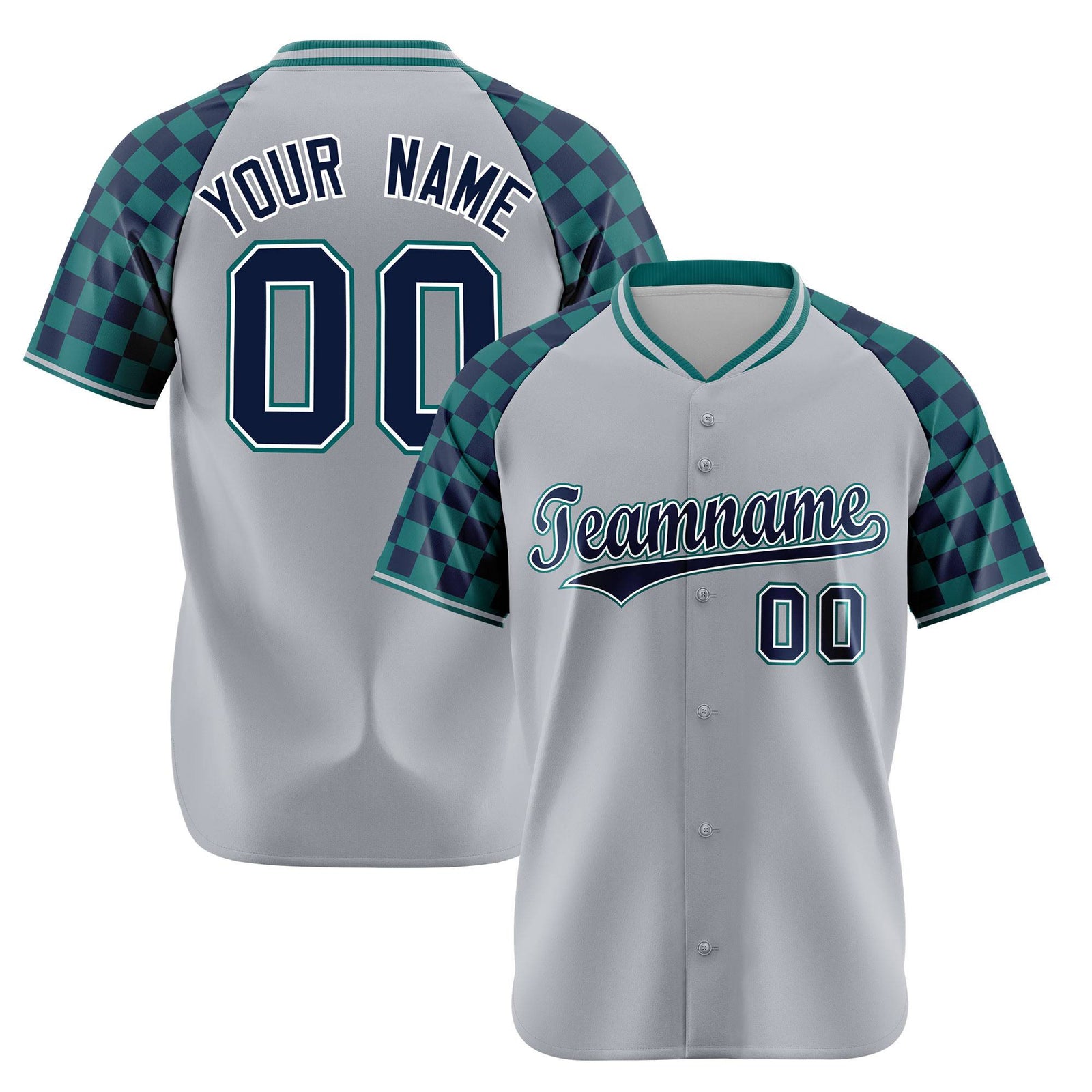 Custom Gray Navy-Aqua Authentic Plaid Sleeve Baseball Jersey