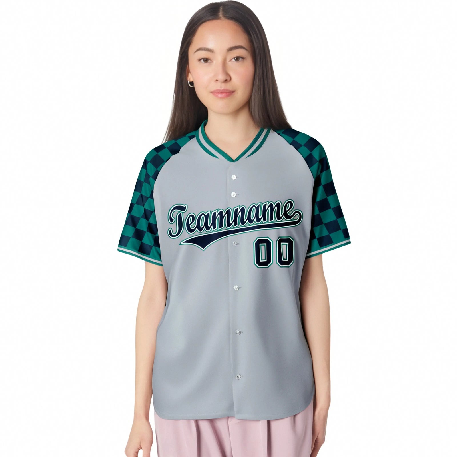 Custom Gray Navy-Aqua Authentic Plaid Sleeve Baseball Jersey