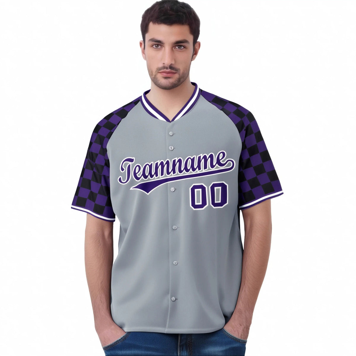 Custom Gray Purple-Black Authentic Plaid Sleeve Baseball Jersey