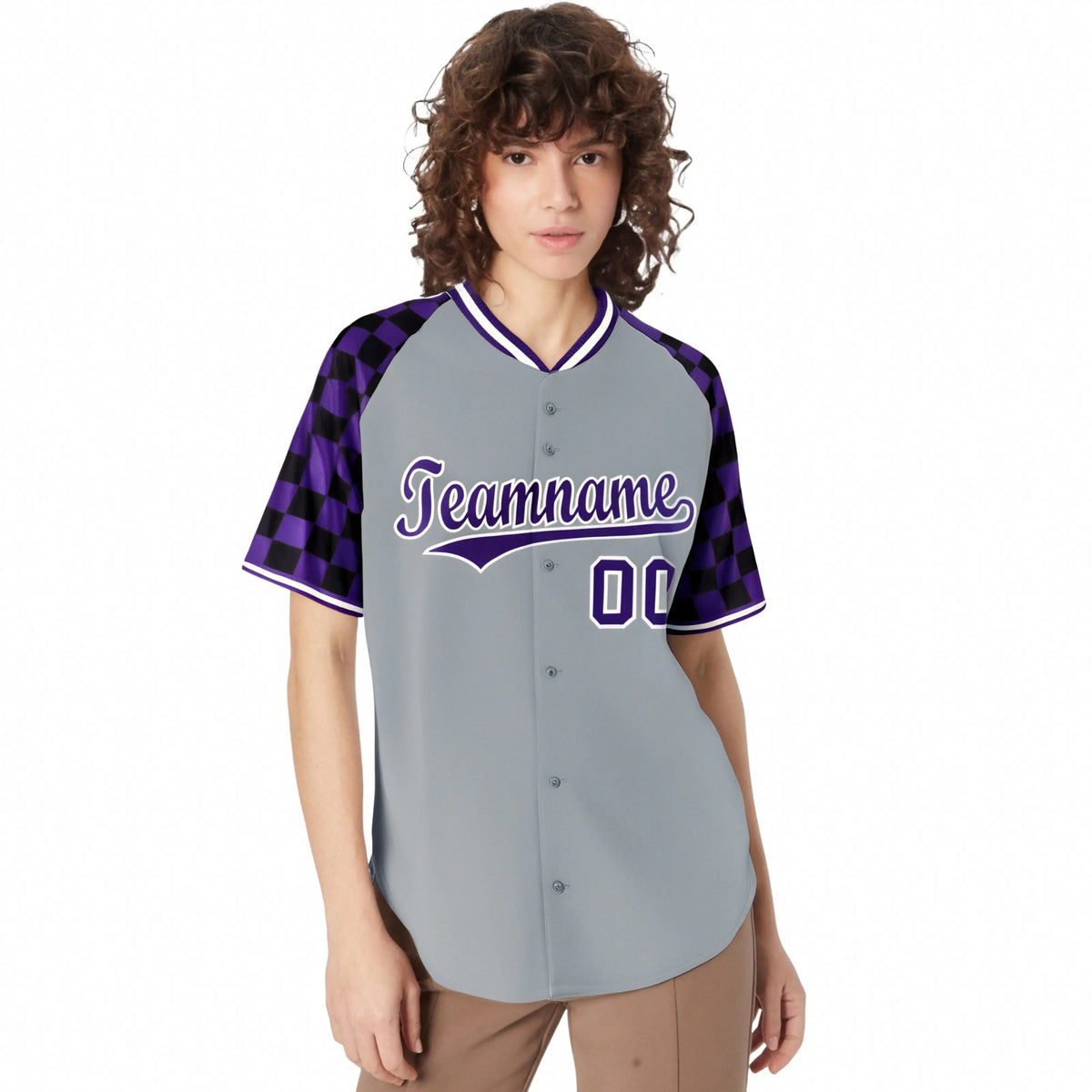 Custom Gray Purple-Black Authentic Plaid Sleeve Baseball Jersey