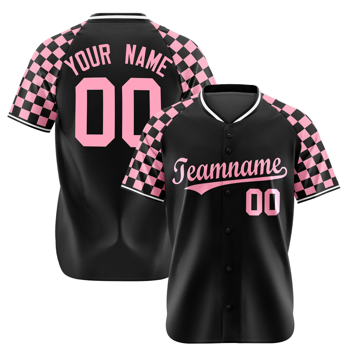 Custom Black Light Pink Authentic Plaid Sleeve Baseball Jersey