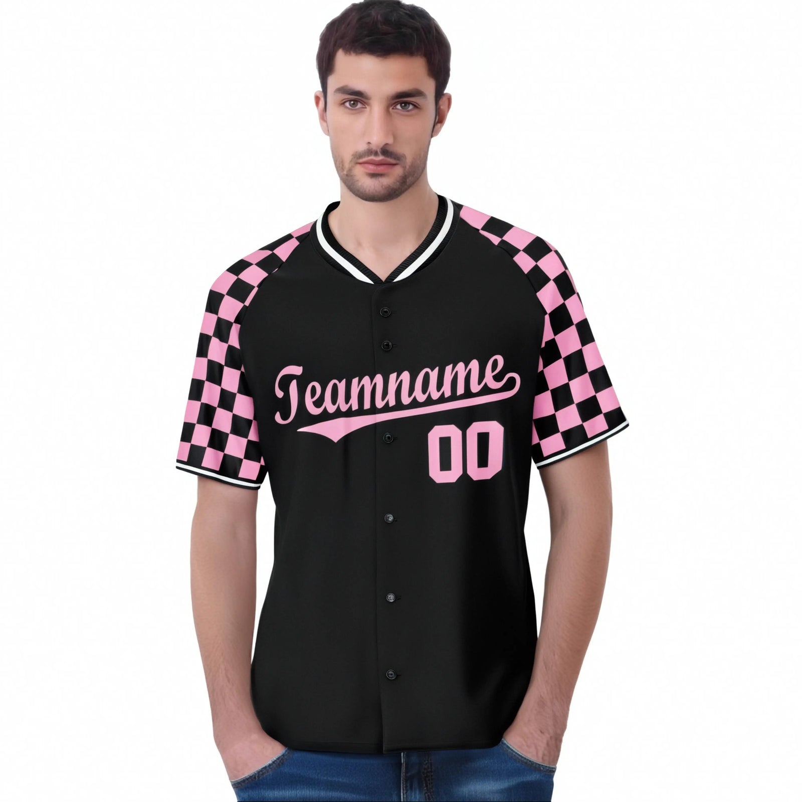 Custom Black Light Pink Authentic Plaid Sleeve Baseball Jersey
