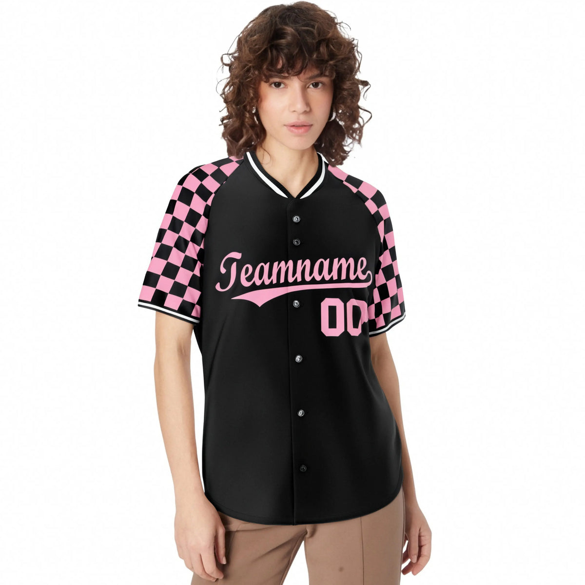 Custom Black Light Pink Authentic Plaid Sleeve Baseball Jersey