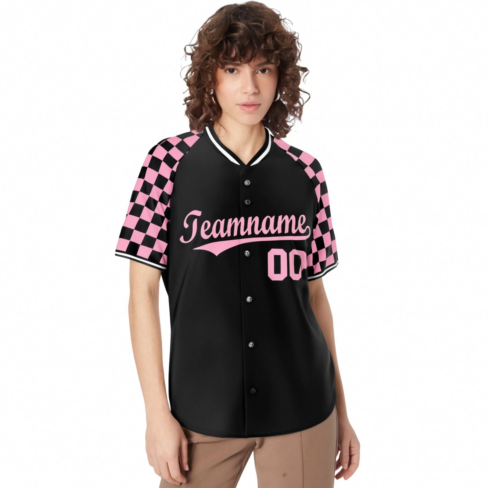 Custom Black Light Pink Authentic Plaid Sleeve Baseball Jersey