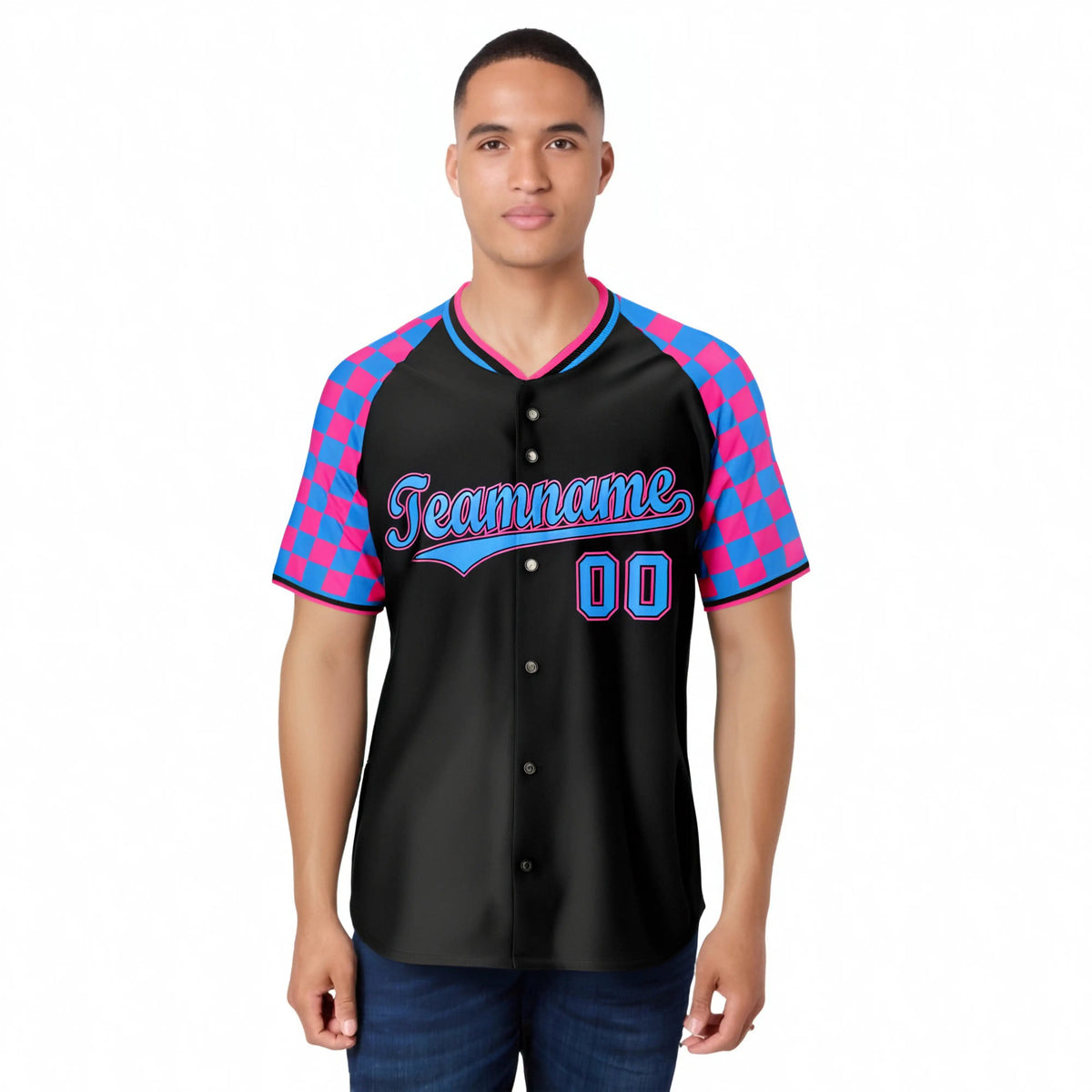 Custom Black Pink-Powder Blue Authentic Plaid Sleeve Baseball Jersey