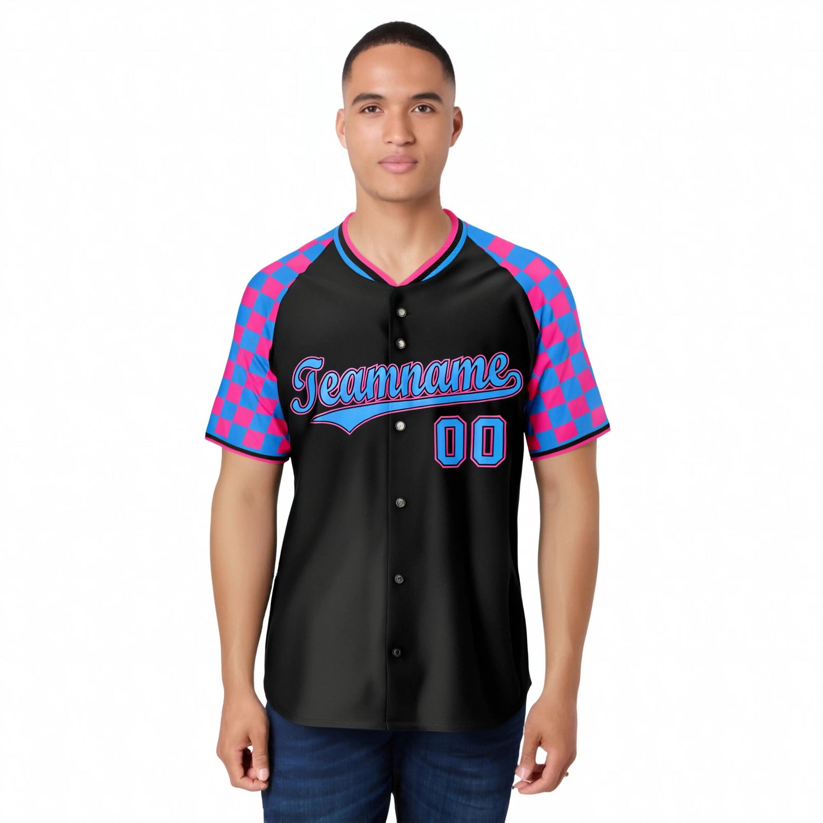 Custom Black Pink-Powder Blue Authentic Plaid Sleeve Baseball Jersey