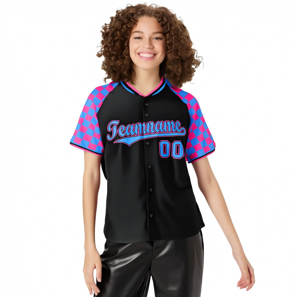 Custom Black Pink-Powder Blue Authentic Plaid Sleeve Baseball Jersey