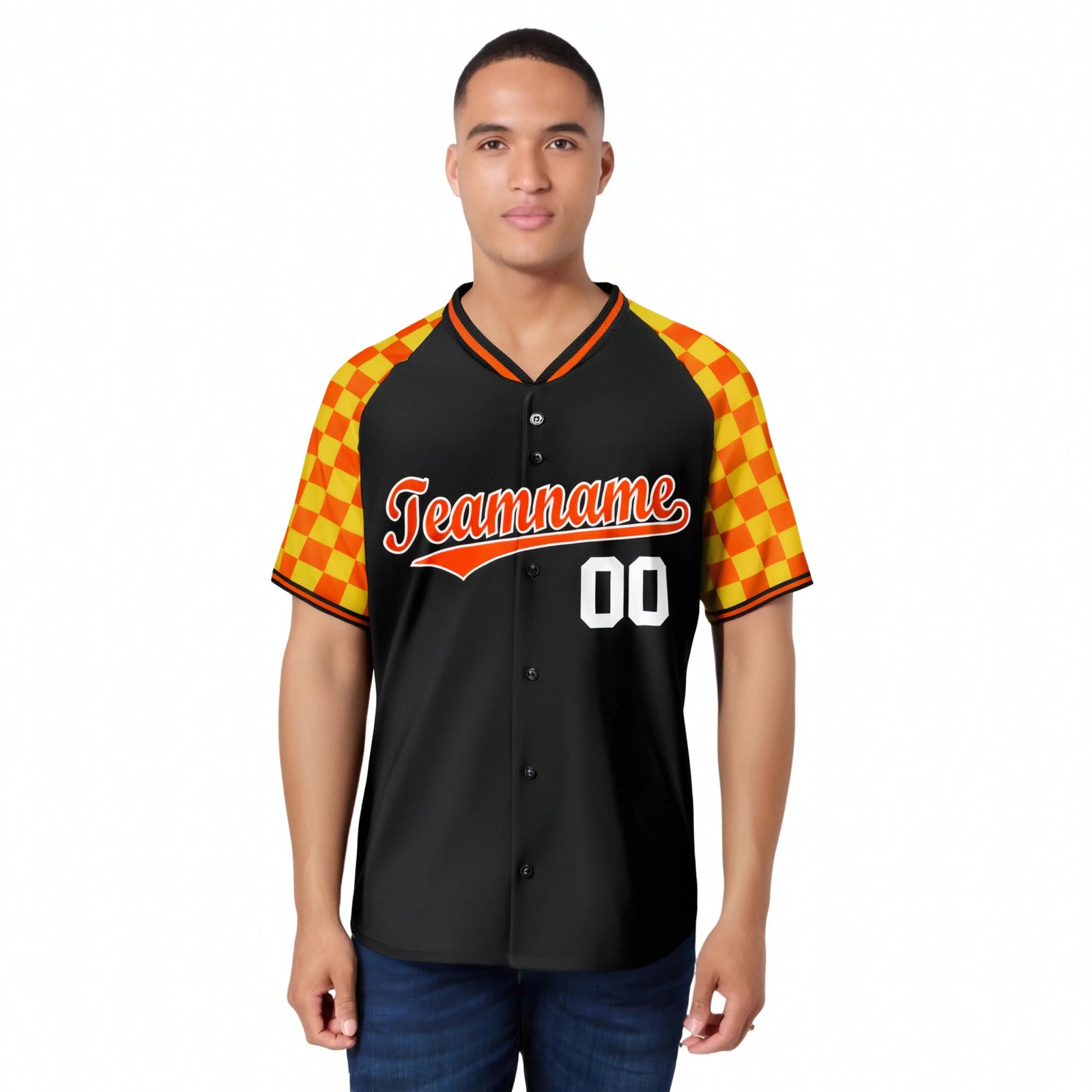 Custom Black Orange-Gold Authentic Plaid Sleeve Baseball Jersey
