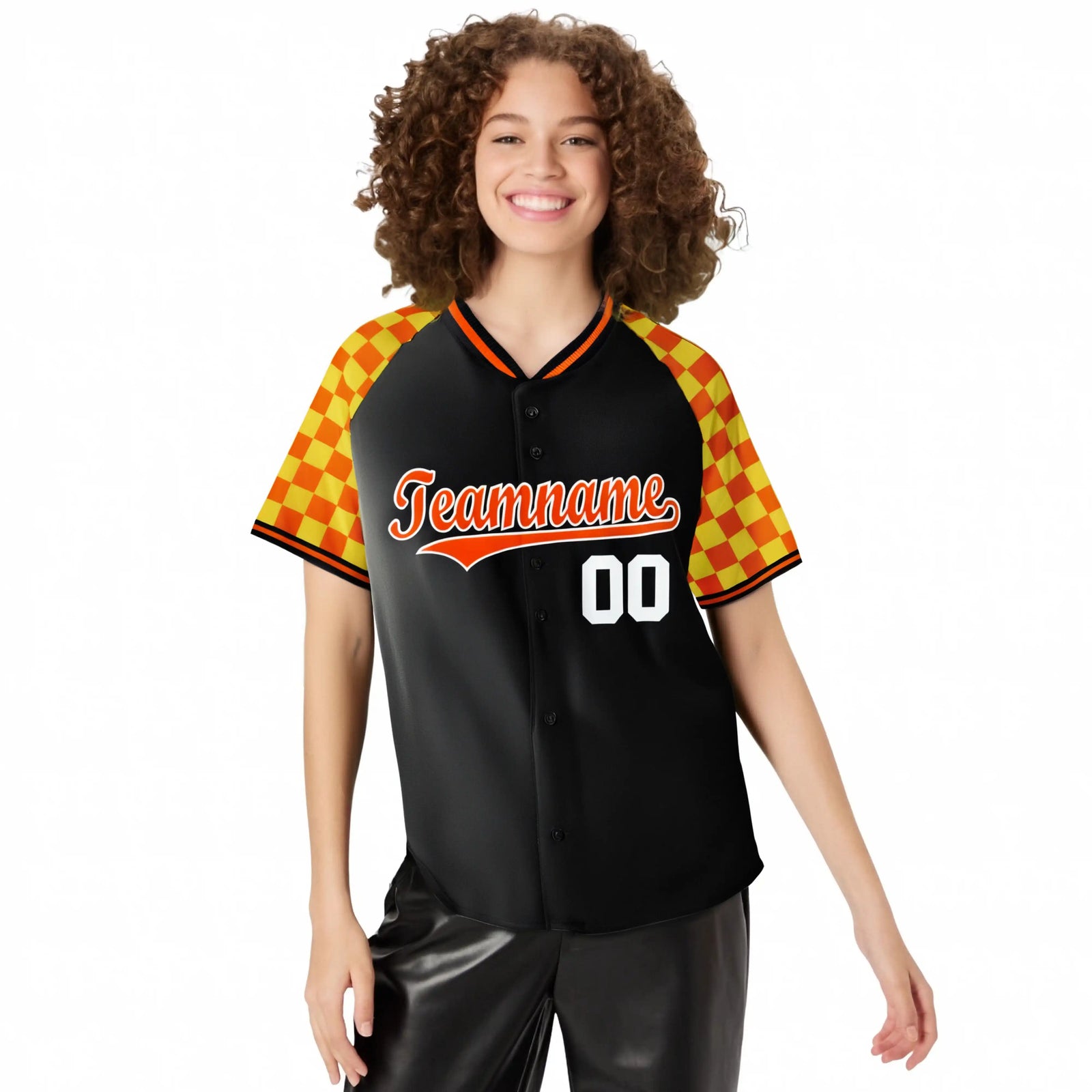 Custom Black Orange-Gold Authentic Plaid Sleeve Baseball Jersey