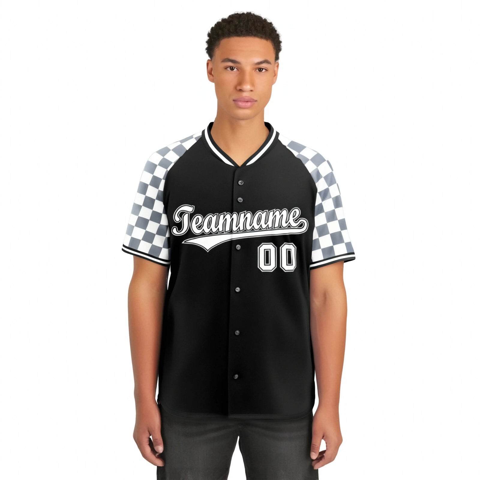 Custom Black Gray-White Authentic Plaid Sleeve Baseball Jersey