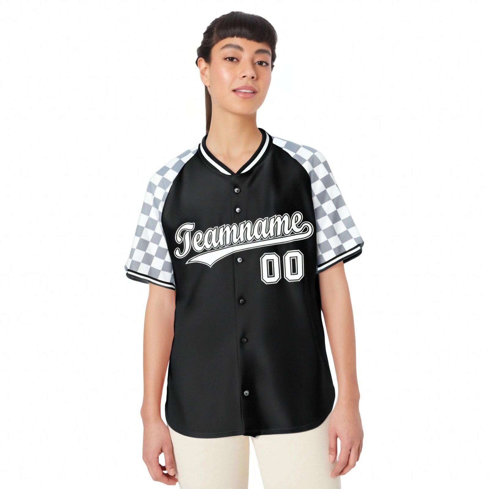 Custom Black Gray-White Authentic Plaid Sleeve Baseball Jersey