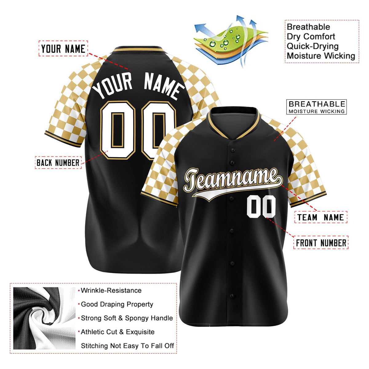 Custom Black Old Gold-White Authentic Plaid Sleeve Baseball Jersey