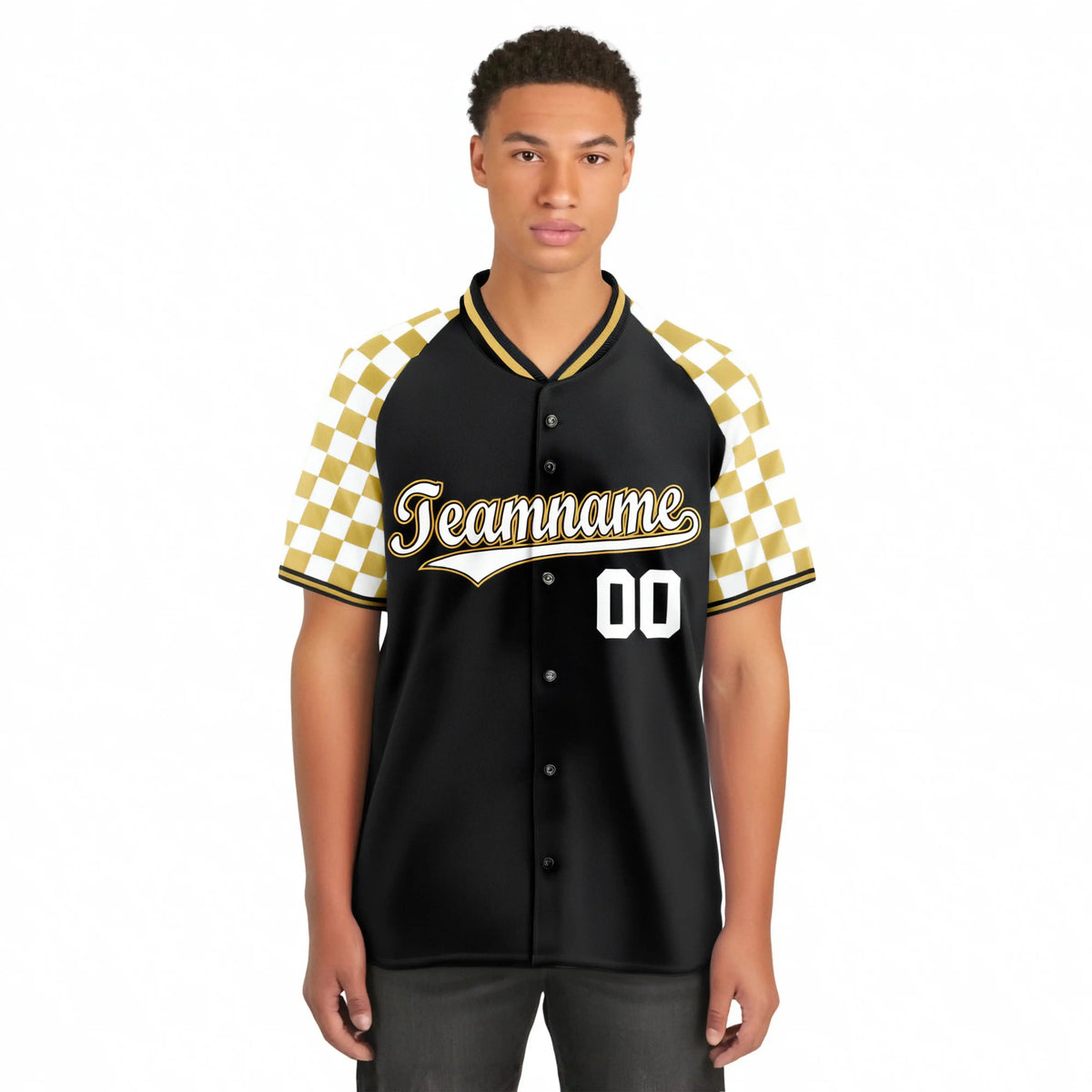 Custom Black Old Gold-White Authentic Plaid Sleeve Baseball Jersey