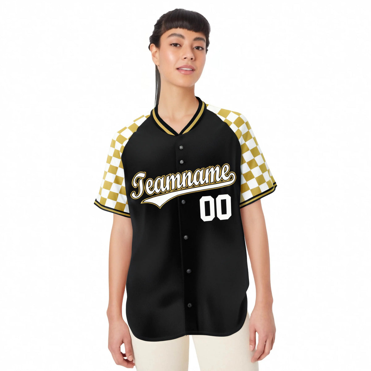 Custom Black Old Gold-White Authentic Plaid Sleeve Baseball Jersey