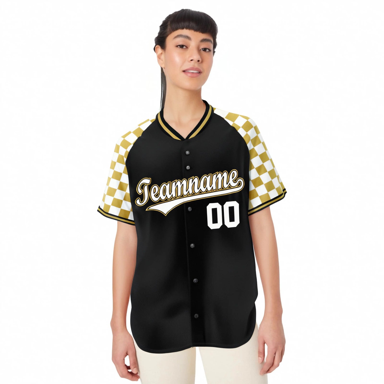 Custom Black Old Gold-White Authentic Plaid Sleeve Baseball Jersey