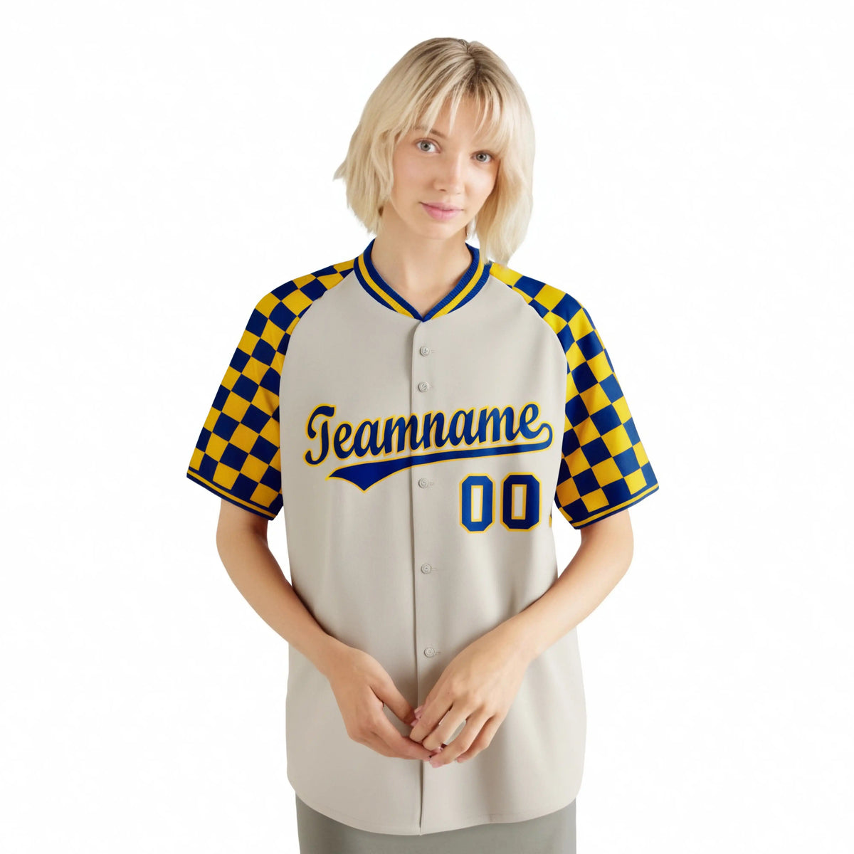 Custom Khaki Royal Blue-Gold Authentic Plaid Sleeve Baseball Jersey