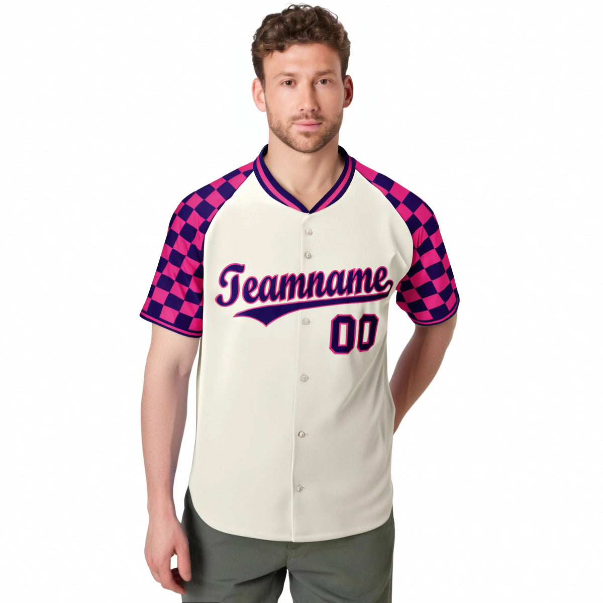 Custom Khaki Purple-Pink Authentic Plaid Sleeve Baseball Jersey