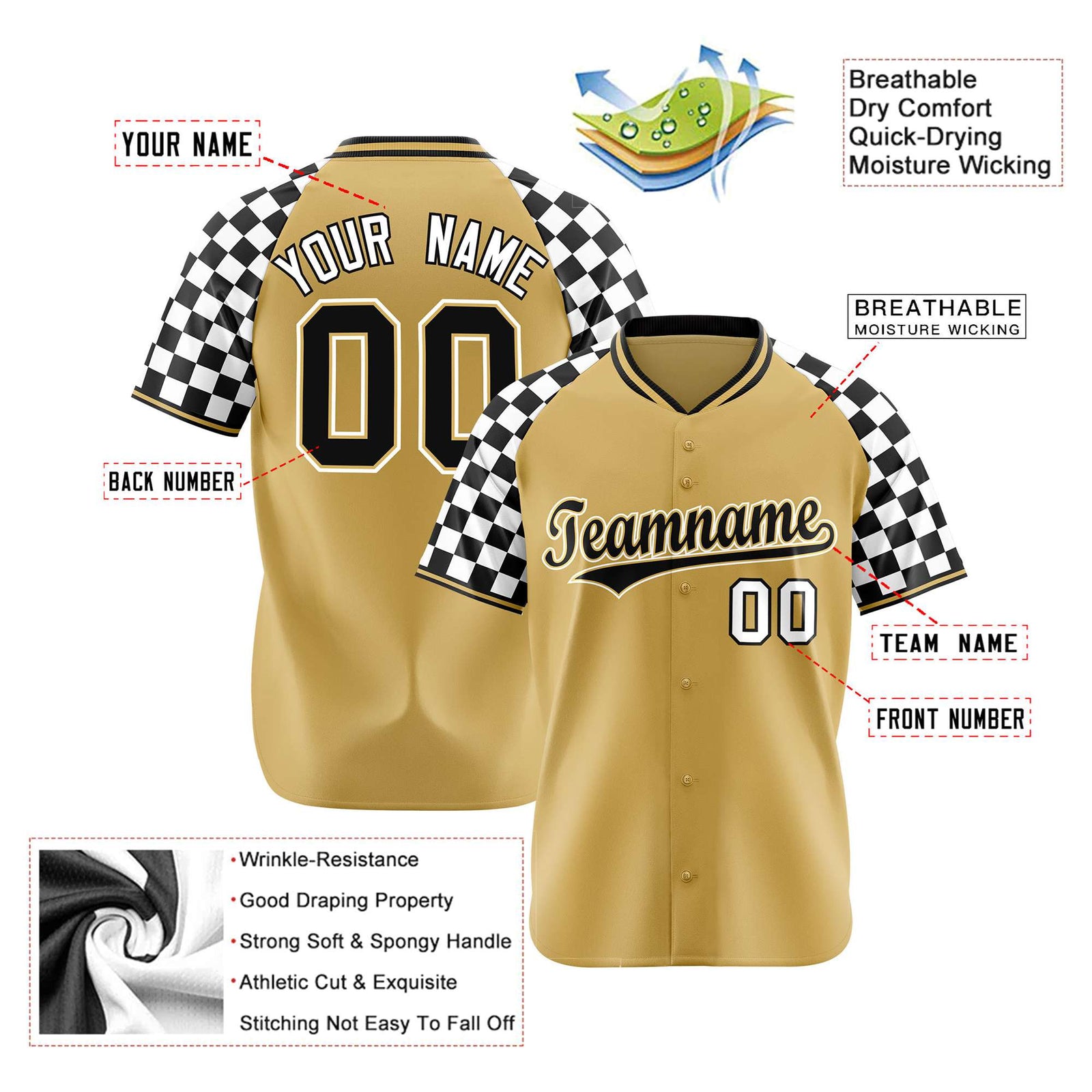 Custom Old Gold Black-White Authentic Plaid Sleeve Baseball Jersey