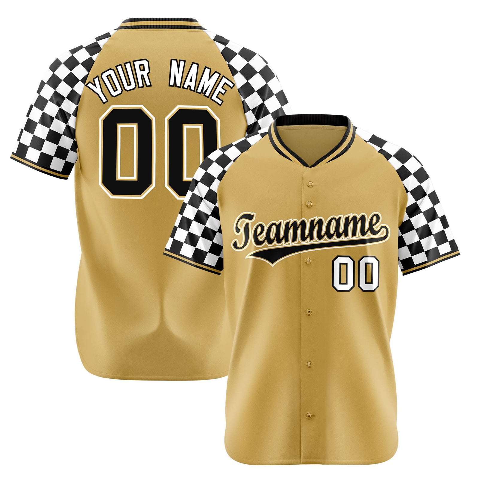 Custom Old Gold Black-White Authentic Plaid Sleeve Baseball Jersey