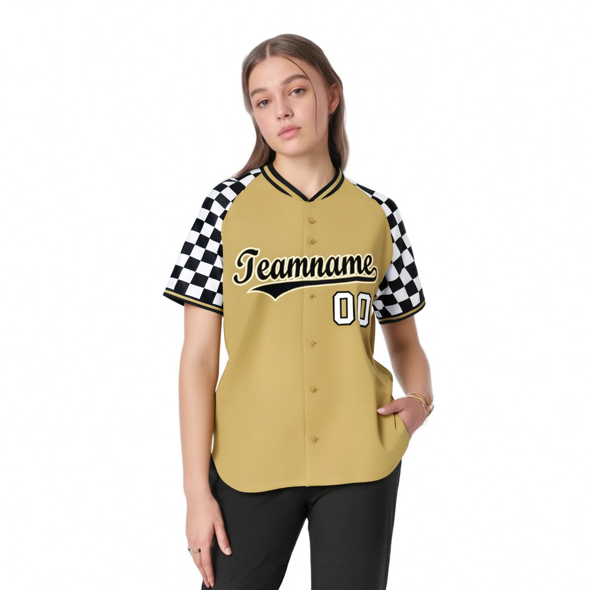 Custom Old Gold Black-White Authentic Plaid Sleeve Baseball Jersey