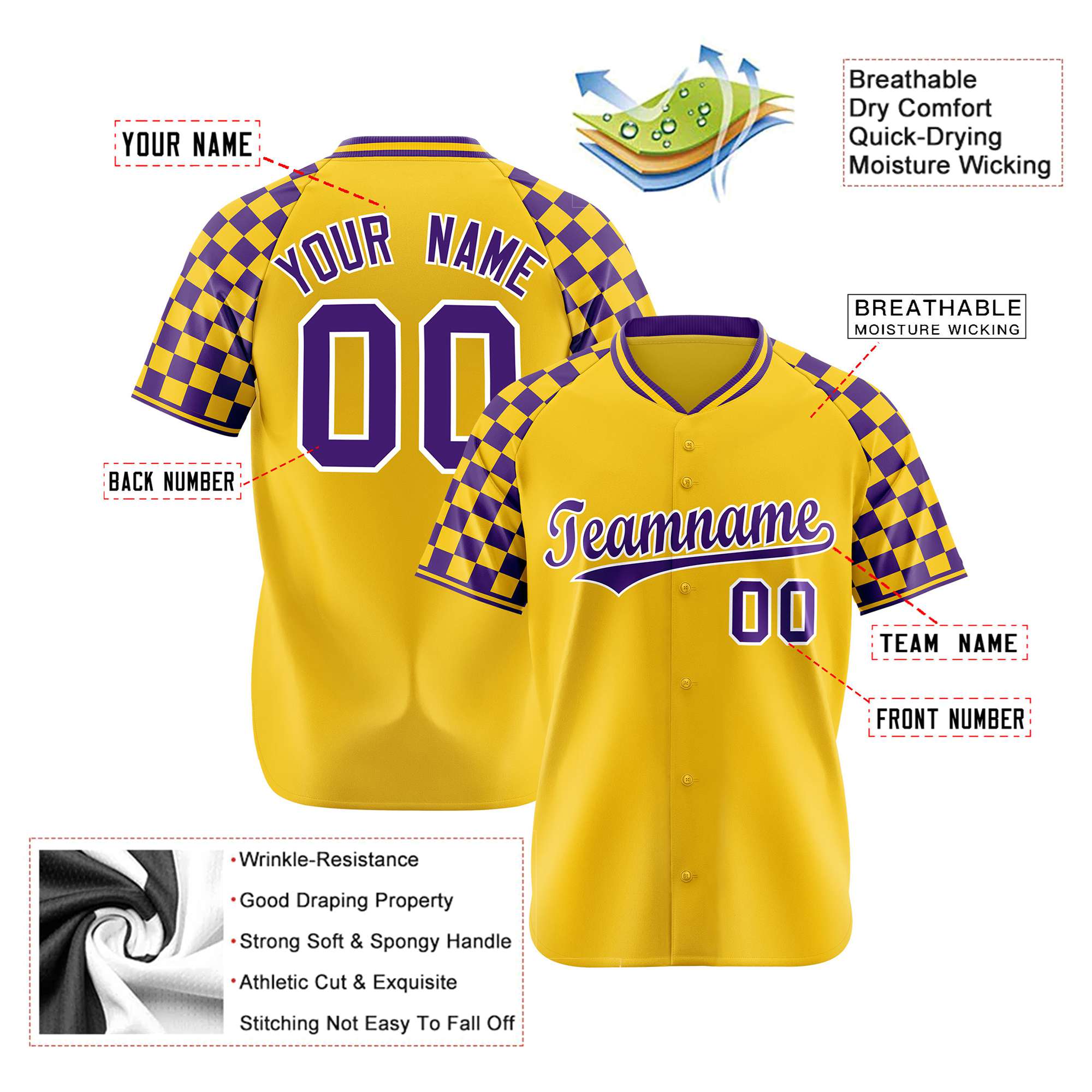 Custom Gold Purple Authentic Plaid Sleeve Baseball Jersey