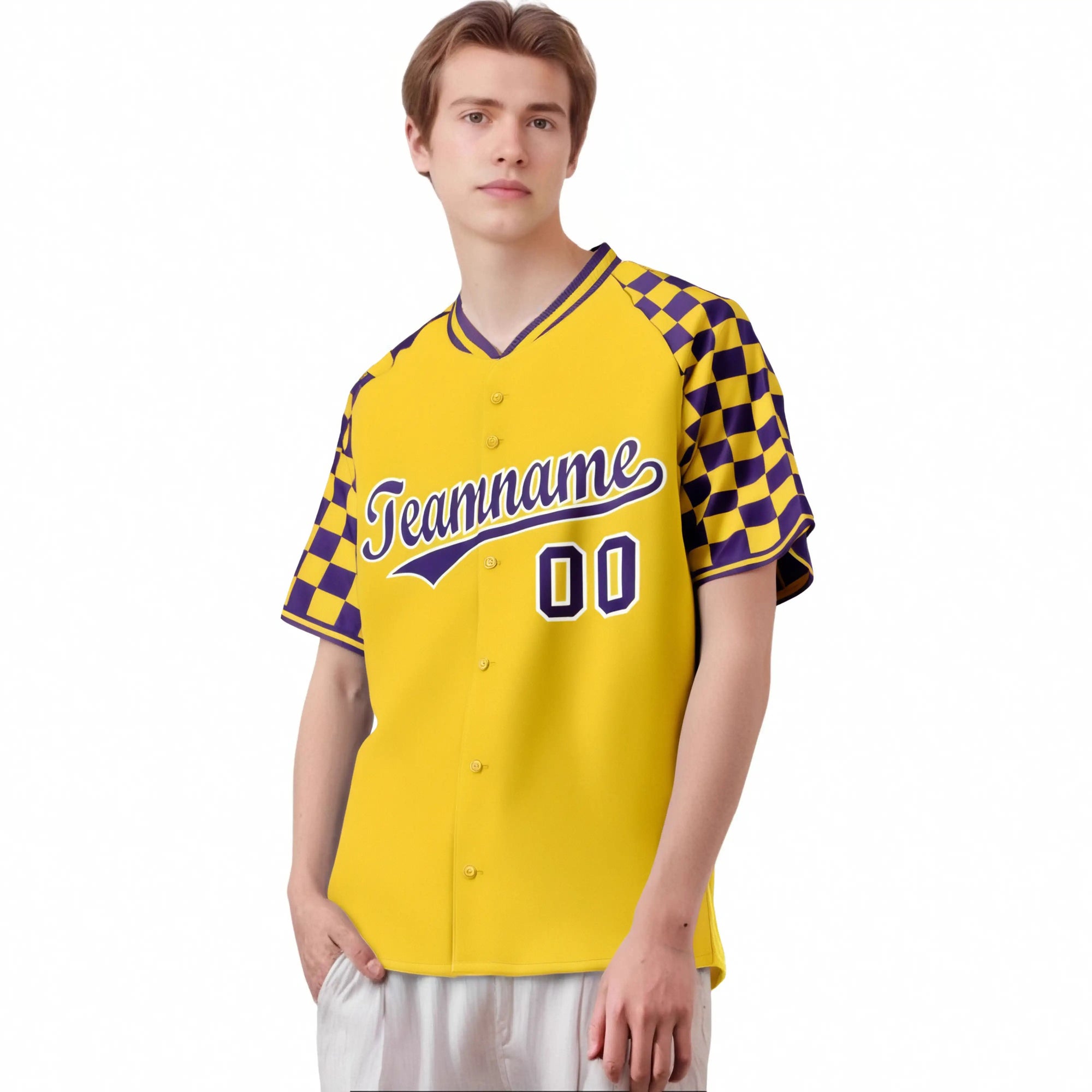 Custom Gold Purple Authentic Plaid Sleeve Baseball Jersey