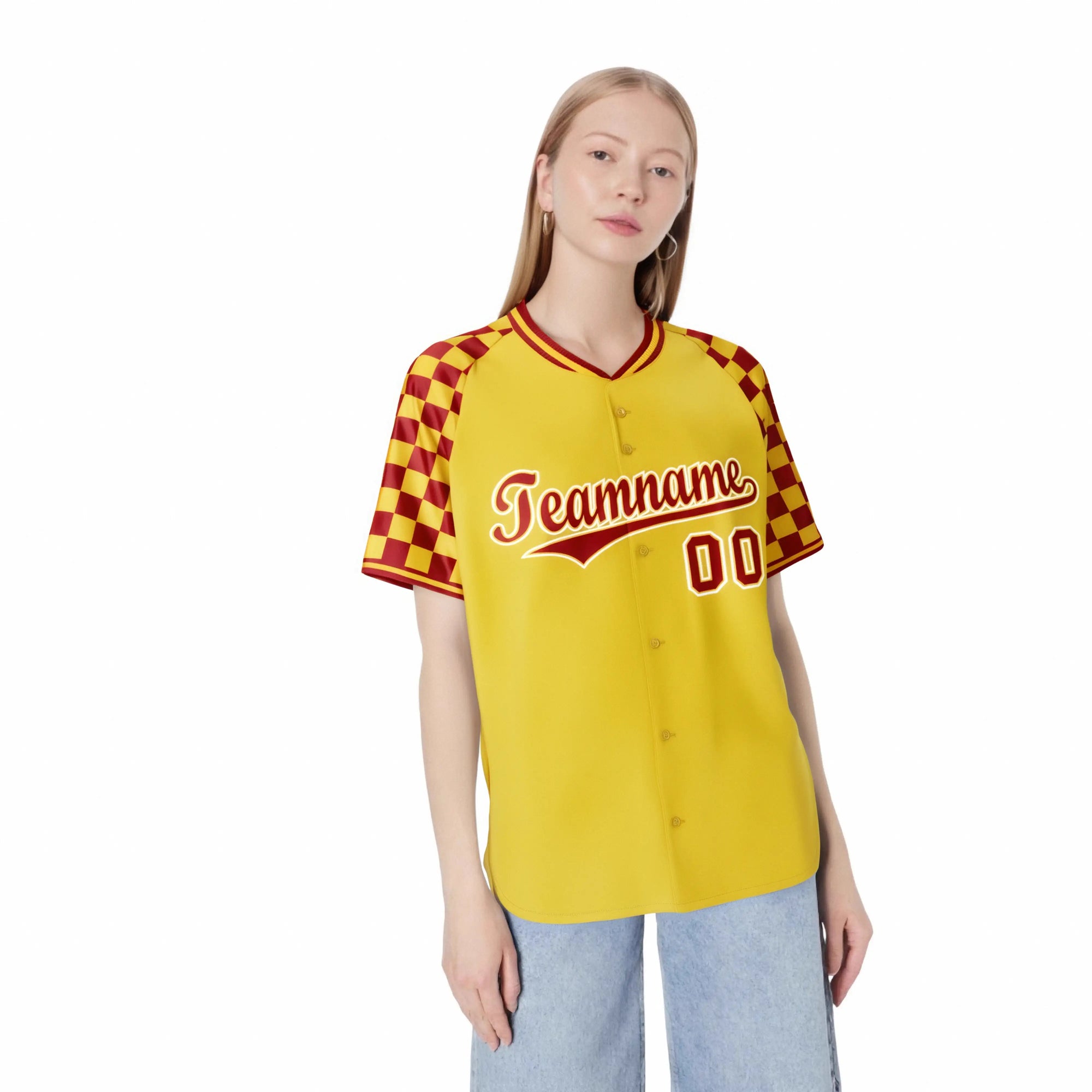 Custom Gold Red Authentic Plaid Sleeve Baseball Jersey