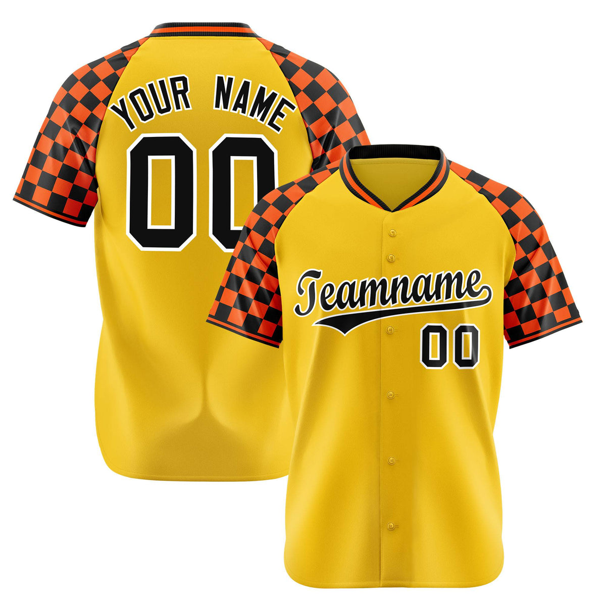 Custom Gold Black-Orange Authentic Plaid Sleeve Baseball Jersey