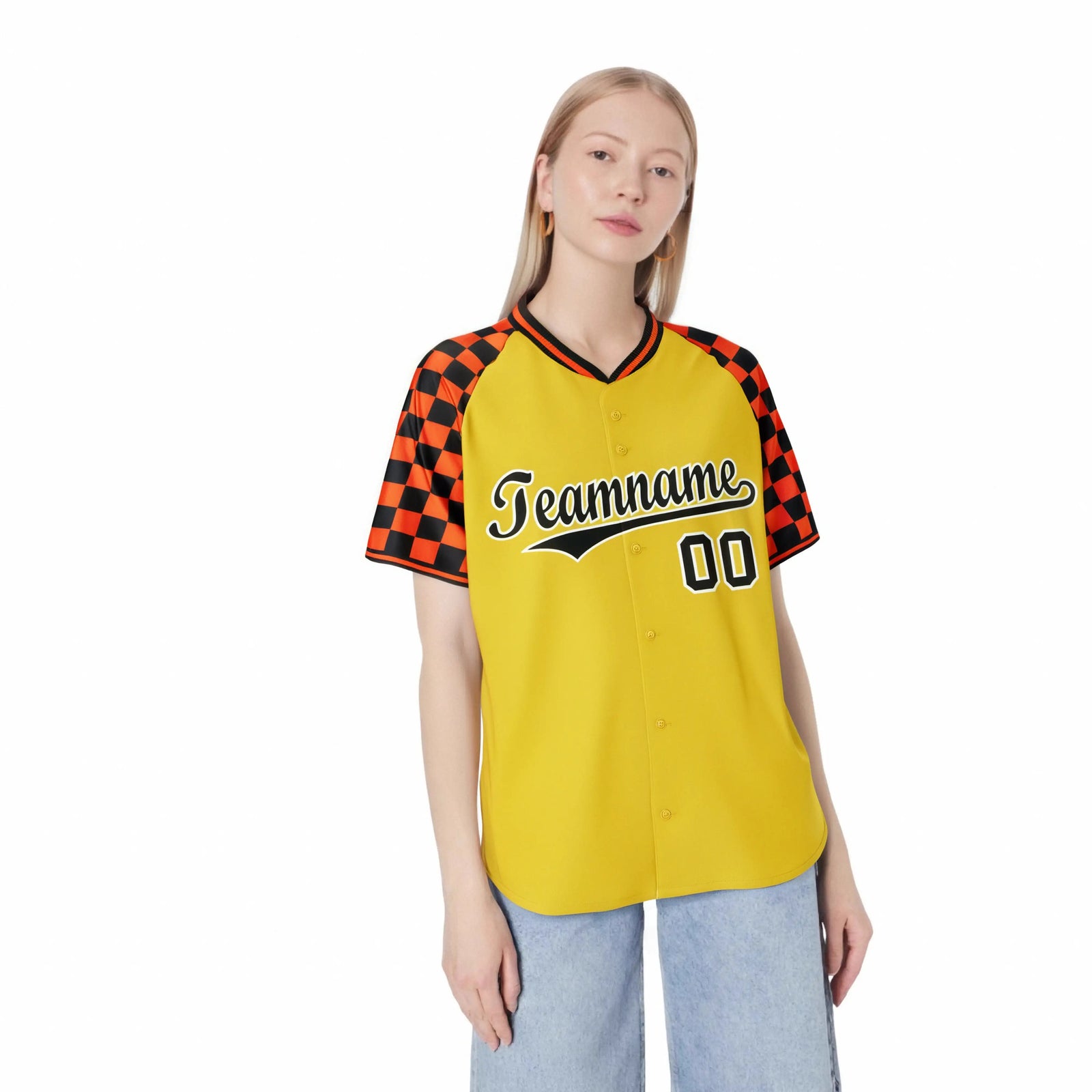 Custom Gold Black-Orange Authentic Plaid Sleeve Baseball Jersey