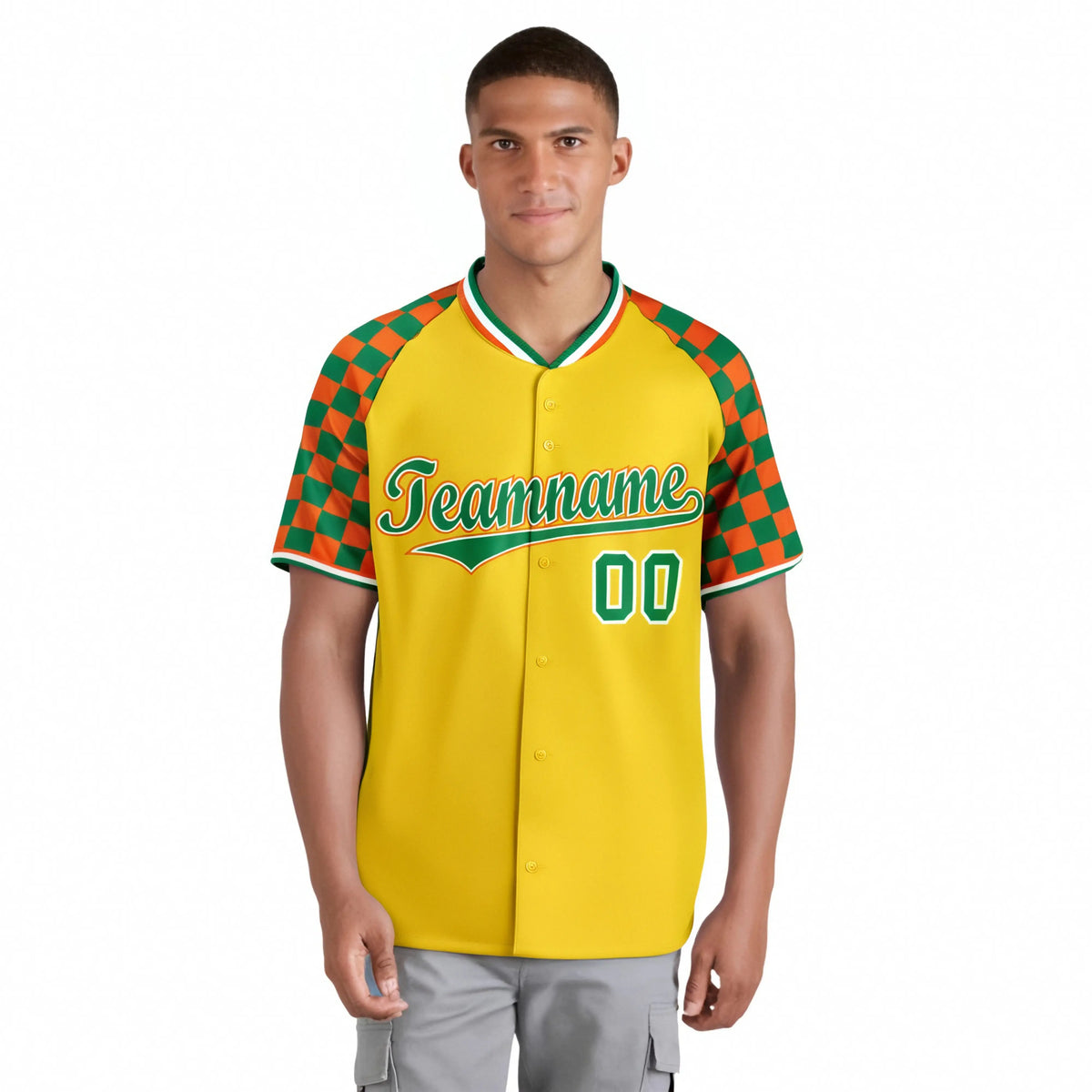 Custom Gold Kelly Green-Orange Authentic Plaid Sleeve Baseball Jersey