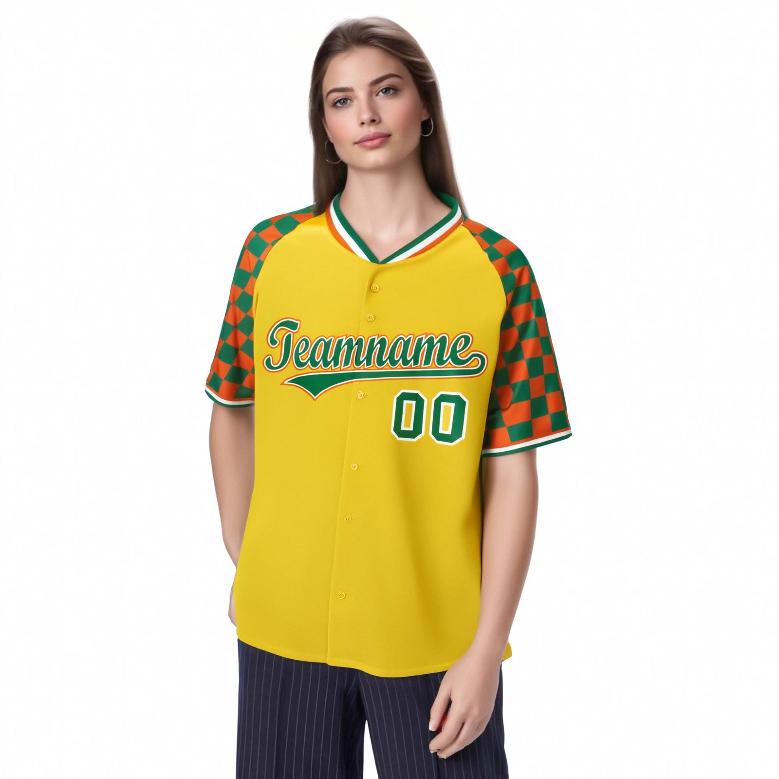 Custom Gold Kelly Green-Orange Authentic Plaid Sleeve Baseball Jersey