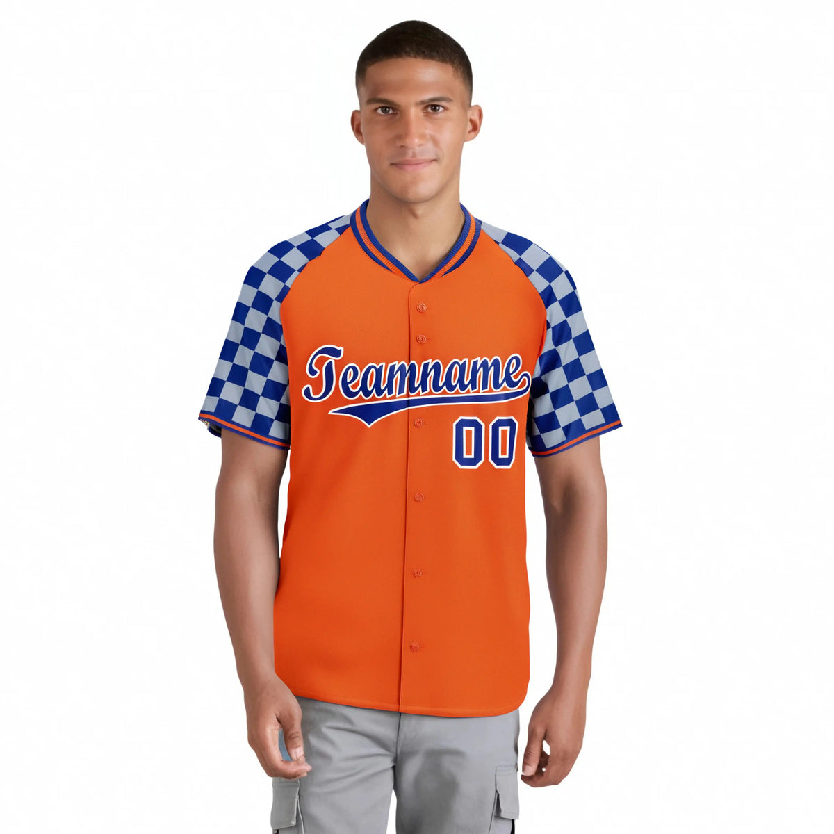 Custom Orange Royal Blue-Gray Authentic Plaid Sleeve Baseball Jersey