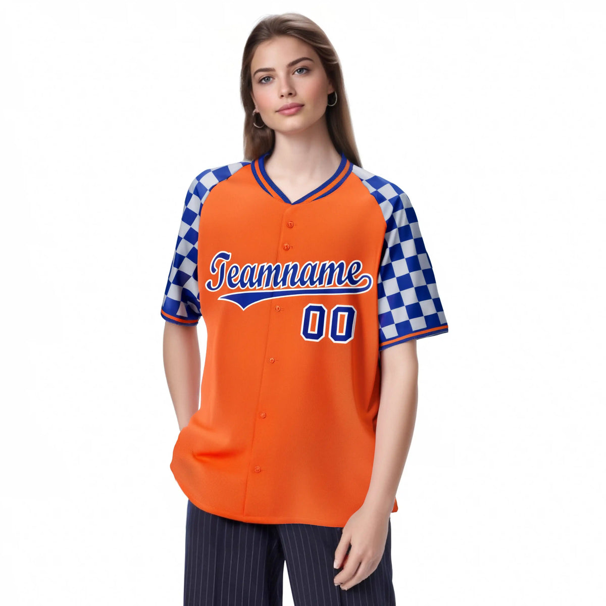 Custom Orange Royal Blue-Gray Authentic Plaid Sleeve Baseball Jersey