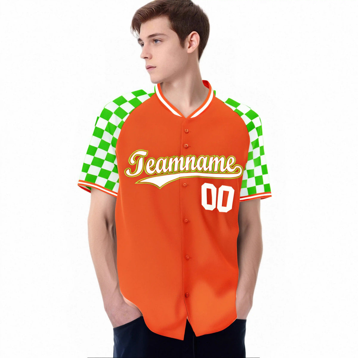 Custom Orange White-Neon Green Authentic Plaid Sleeve Baseball Jersey