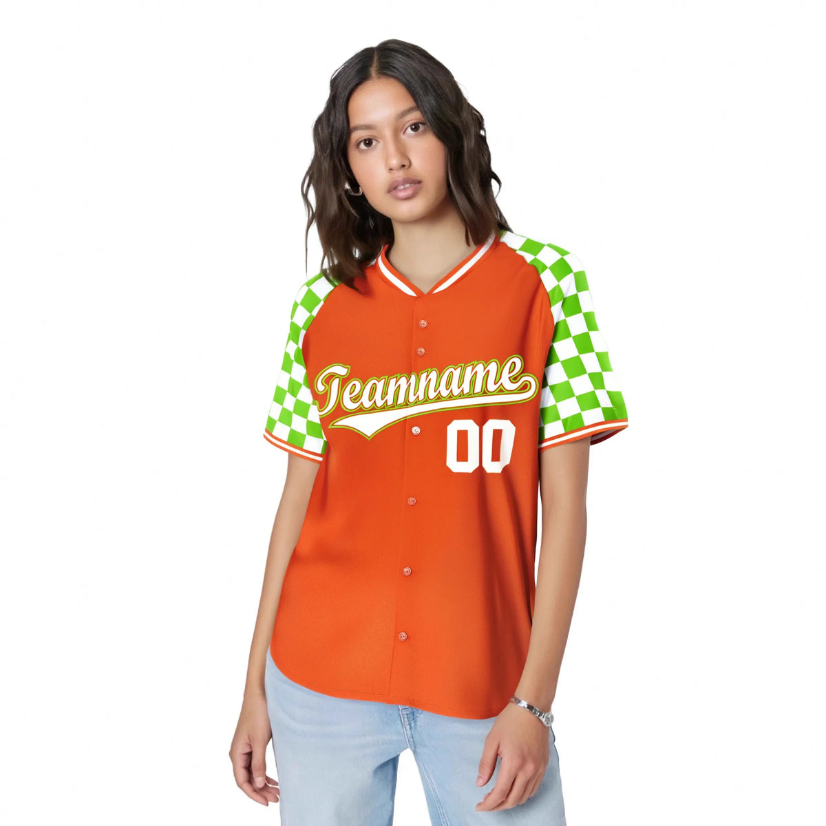 Custom Orange White-Neon Green Authentic Plaid Sleeve Baseball Jersey