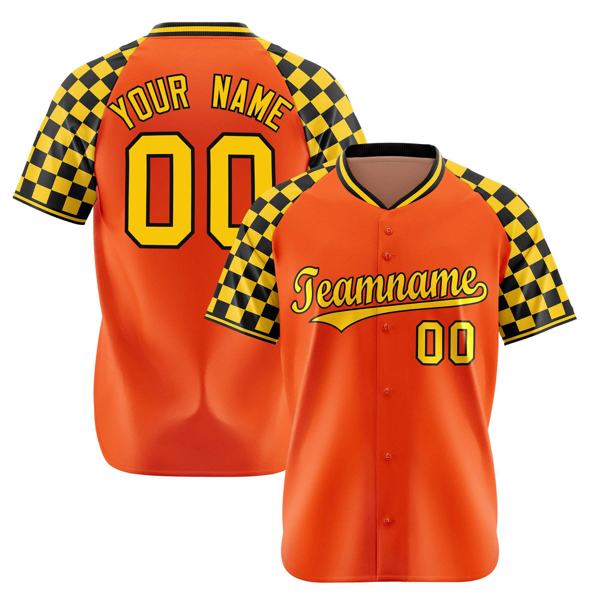 Custom Orange Gold-Black Authentic Plaid Sleeve Baseball Jersey