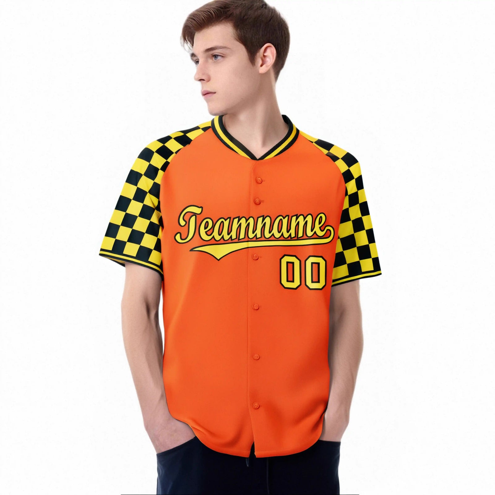 Custom Orange Gold-Black Authentic Plaid Sleeve Baseball Jersey