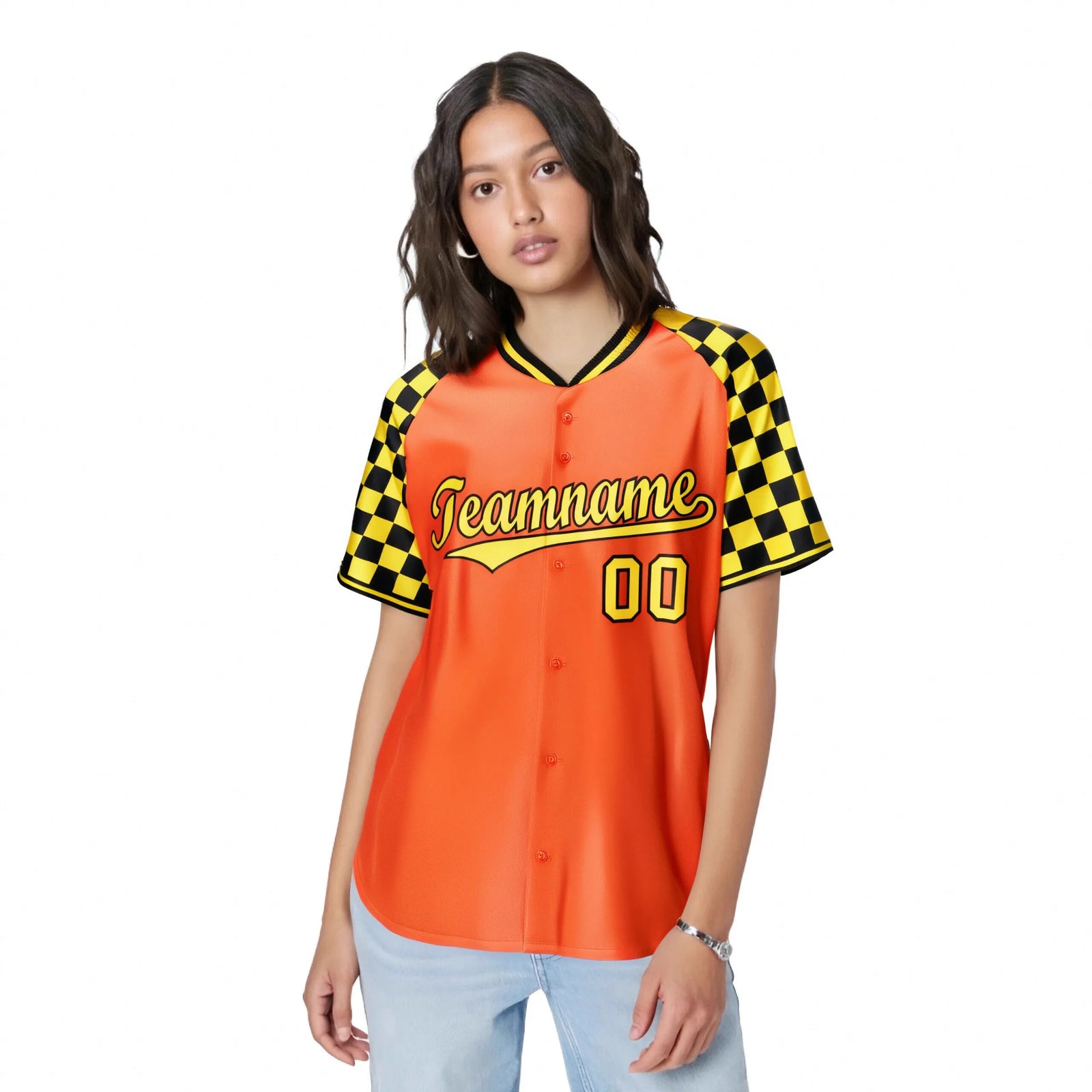 Custom Orange Gold-Black Authentic Plaid Sleeve Baseball Jersey