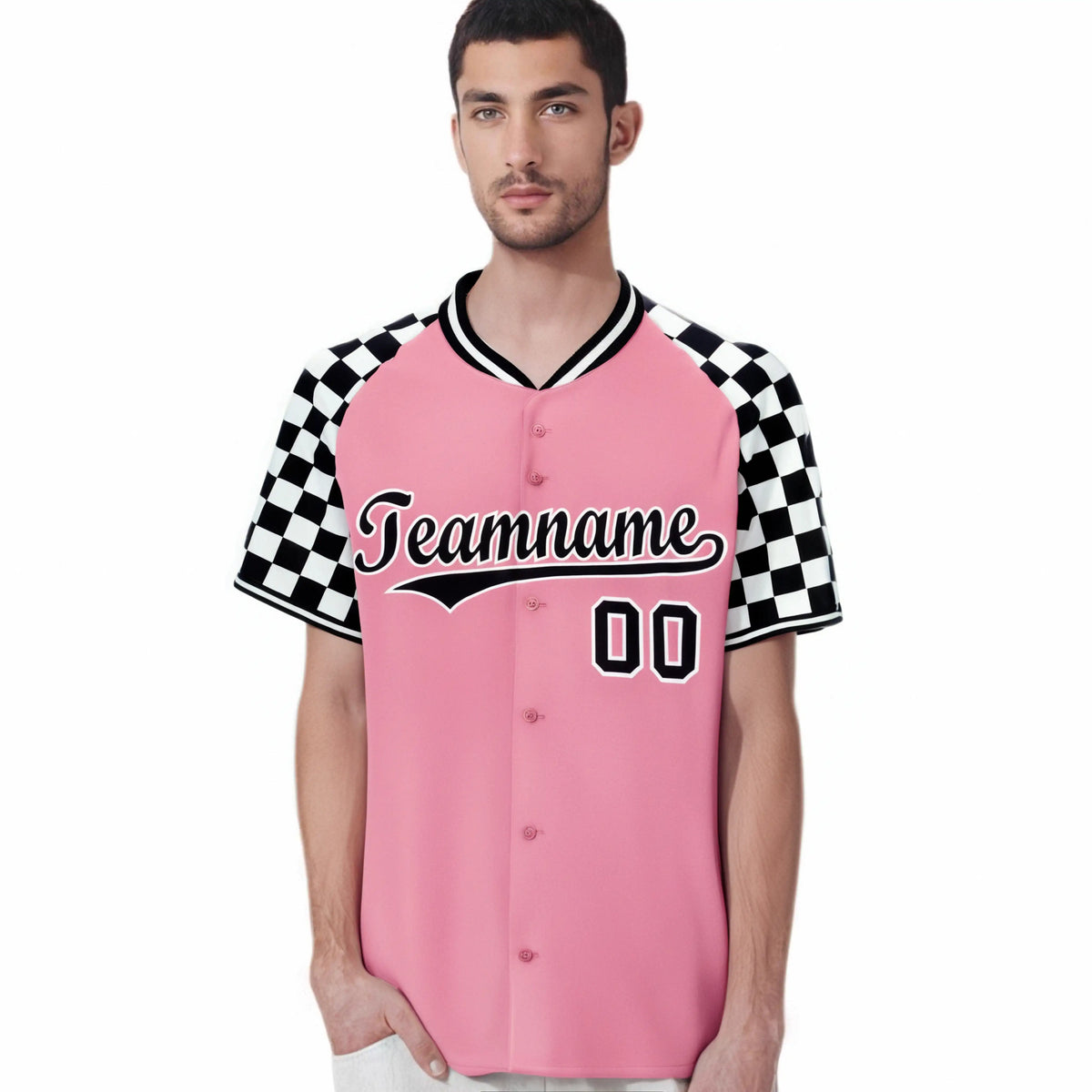 Custom Light Pink Black-White Authentic Plaid Sleeve Baseball Jersey