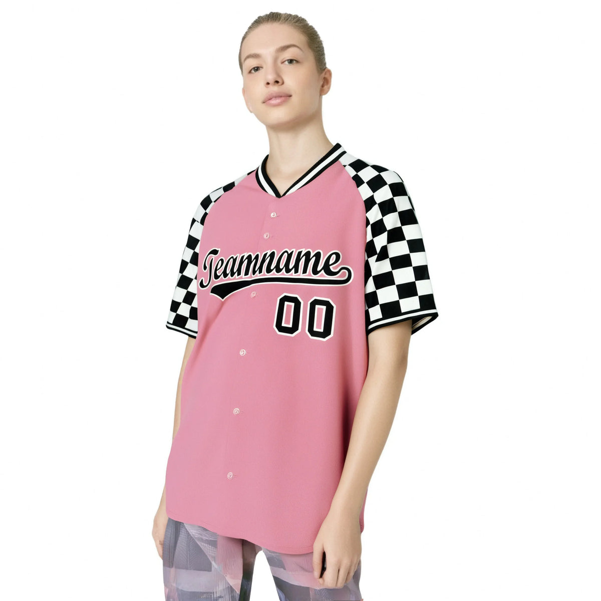 Custom Light Pink Black-White Authentic Plaid Sleeve Baseball Jersey
