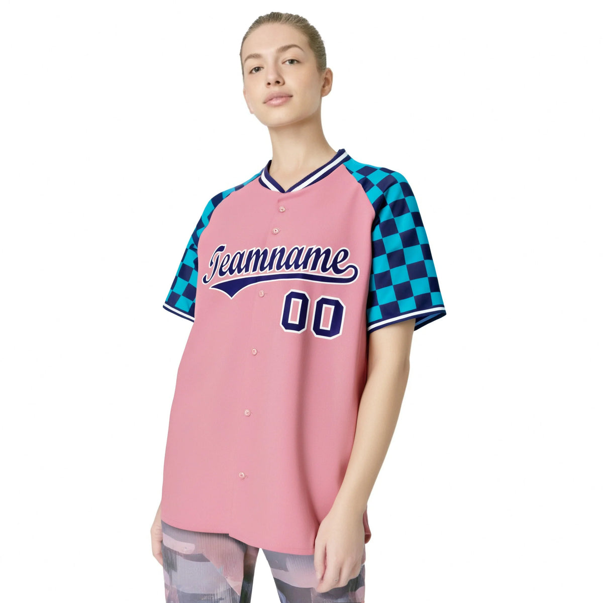 Custom Light Pink Purple-Sky Blue Authentic Plaid Sleeve Baseball Jersey