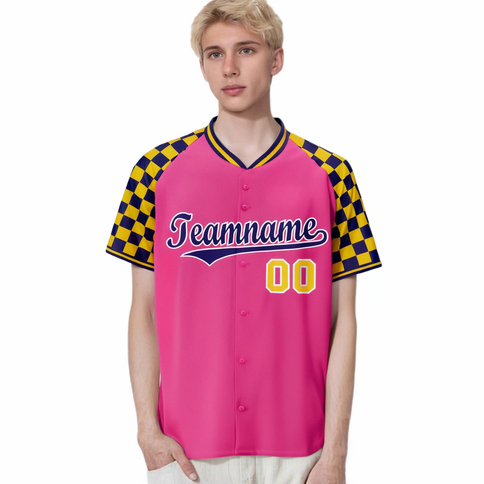 Custom Pink Purple-Gold Authentic Plaid Sleeve Baseball Jersey