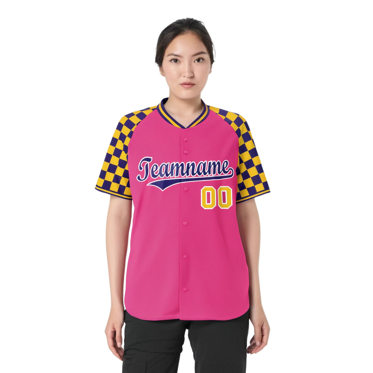 Custom Pink Purple-Gold Authentic Plaid Sleeve Baseball Jersey