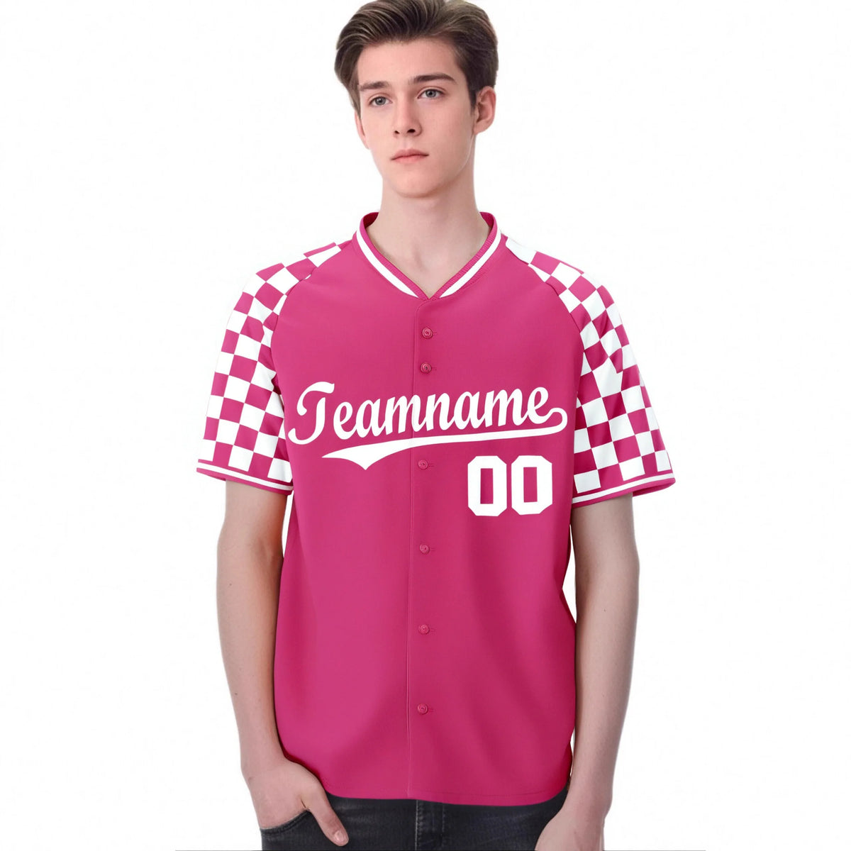 Custom Pink White Authentic Plaid Sleeve Baseball Jersey