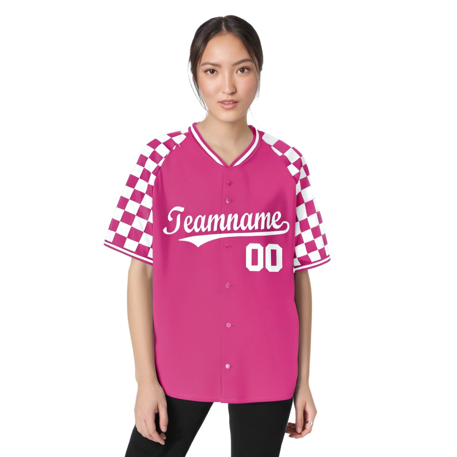 Custom Pink White Authentic Plaid Sleeve Baseball Jersey