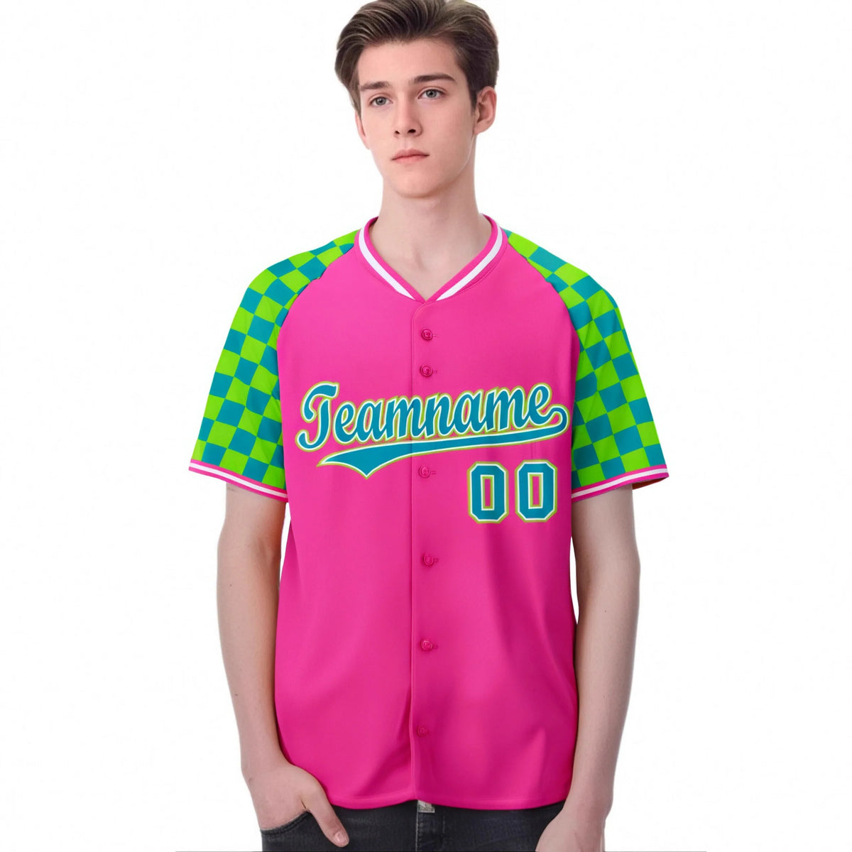 Custom Pink Neon Green-Aqua Authentic Plaid Sleeve Baseball Jersey