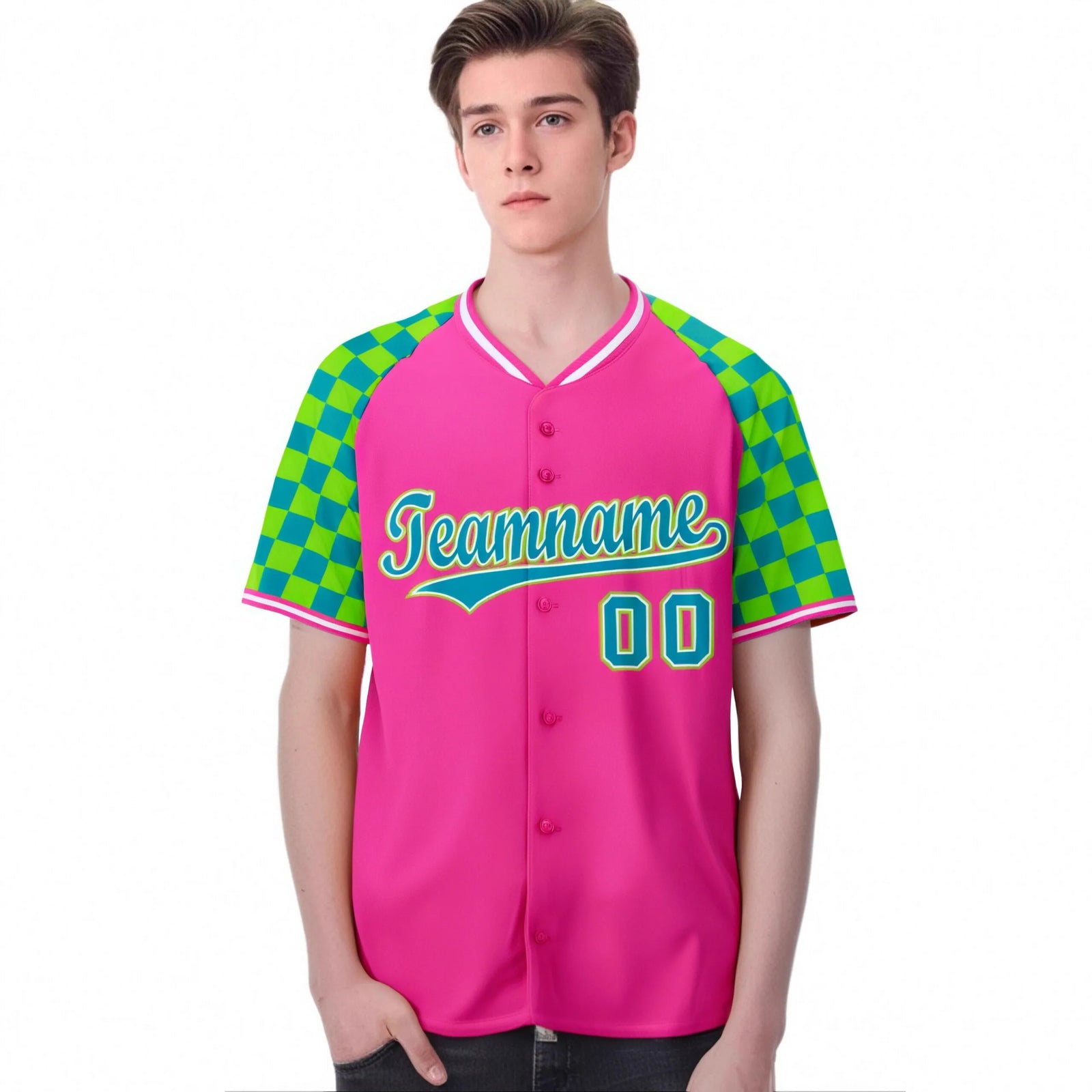 Custom Pink Neon Green-Aqua Authentic Plaid Sleeve Baseball Jersey