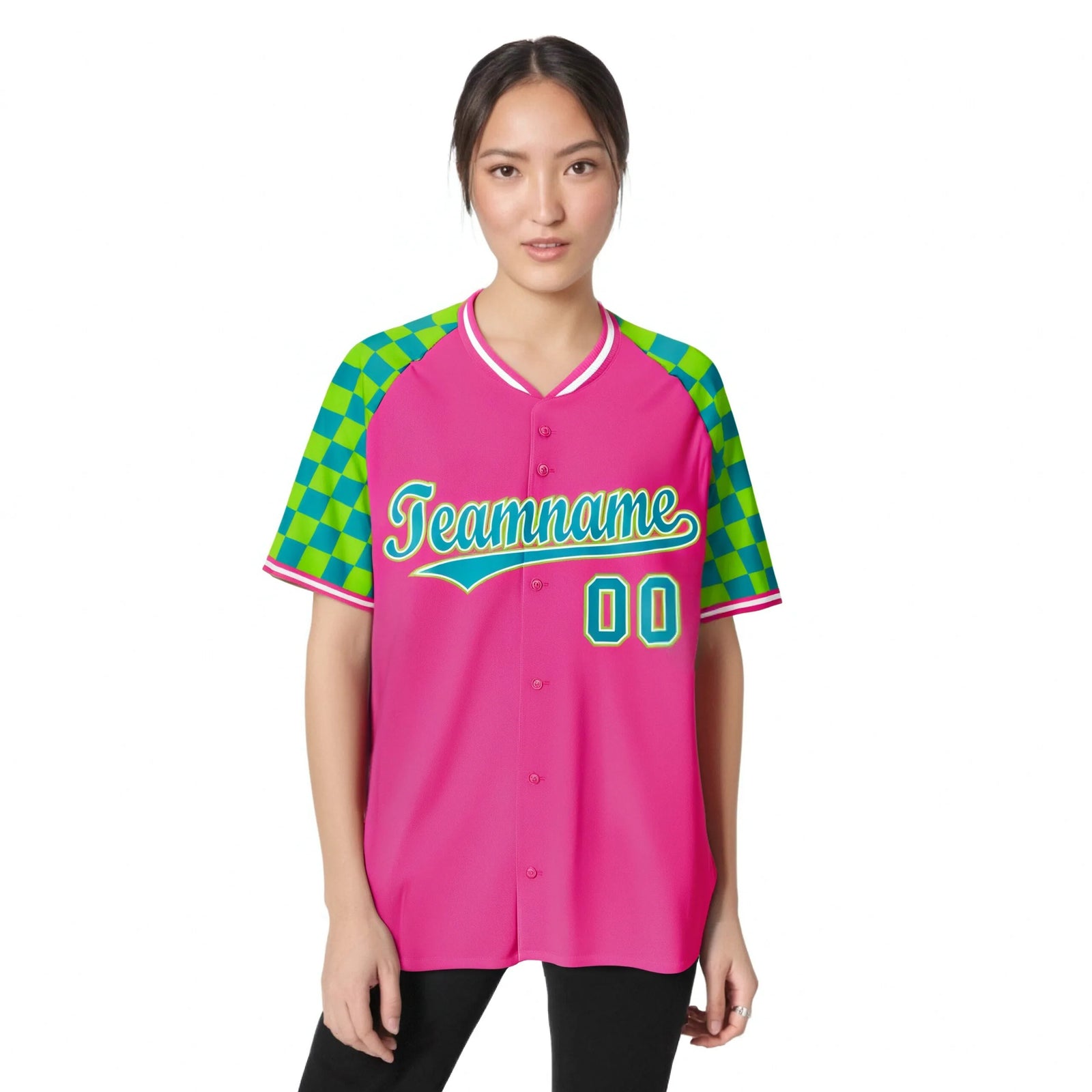 Custom Pink Neon Green-Aqua Authentic Plaid Sleeve Baseball Jersey